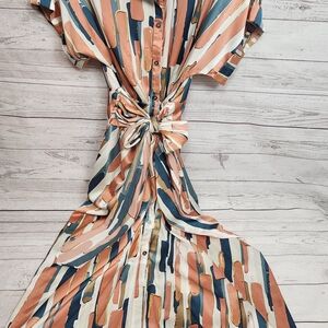 entro Abstract Stripe Tie-Waist Midi Dress in Peach, Navy & Cream